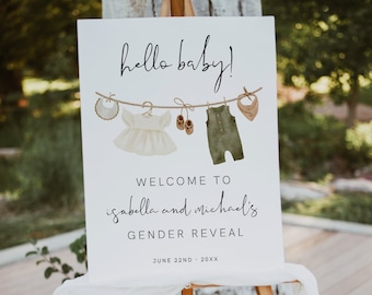 Gender Reveal Welcome Sign Template,  Boho Gender Reveal Boy Girl, Neutral Gender Reveal Baby Shower, Clothes Baby, Editable, Instant, 95