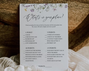 What's on Your Phone Bridal Shower Game, Wildflower Party Bridal Shower Game, Printable Bridal Game, Floral Bridal Game, Garden, 74