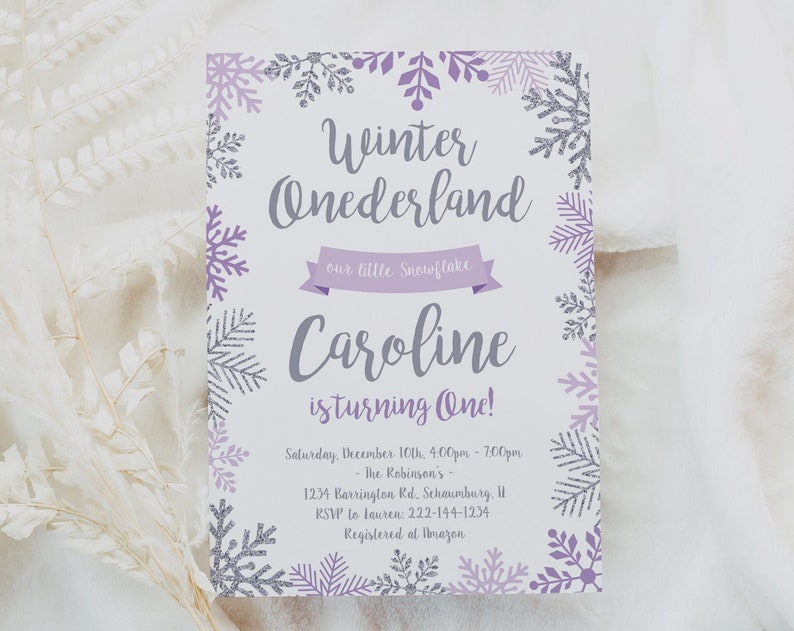 Winter Onederland Invitation Template Purple and Silver Birthday Winter Wonderland Girl Onederland Invitation 1st Winter