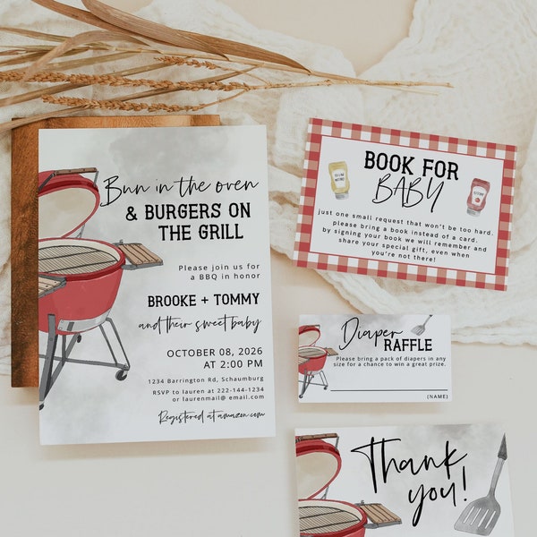 BBQ Baby Shower Invitation Set, Bun in the Oven Baby Shower Template, BABYQ, Couples Shower Cook Out, Backyard Baby Shower Invite, 85