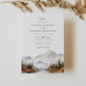 Invito a nozze in montagna, montagna, pino del bosco, montagna autunnale, modello modificabile sul lago, download immediato, montagna boho, 126