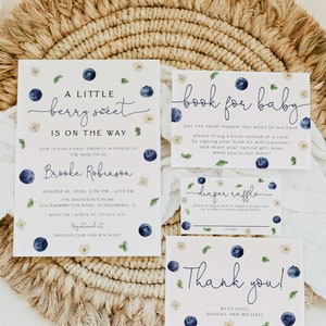 Blueberry Baby Shower Invitation Set Template, Diaper, Thank You, Book, Berry Sweet Baby on the Way Invite, Berries, Editable, 118