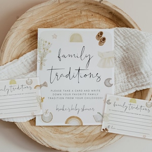 Letrero y tarjeta de tradiciones familiares, Baby Shower de ropa, Comparte un recuerdo, Recuerdo de la infancia, Plantilla editable, Bebé niña, Bebé neutro, 95