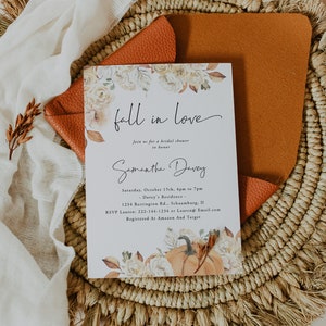 Fall Bridal Shower Invitation, Autumn Bridal Shower Pumpkin Invitation, Fall in Love Invitation, Boho, Download, Editable, Template, 032 image 1