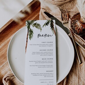 Plantilla de menú de palmeras, menú de boda tropical, menú de boda en la playa, menú de boda moderno, descarga instantánea, Templett, 44