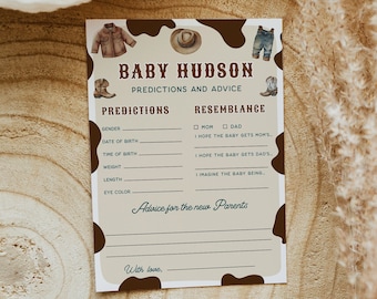 Cowboy Baby Predictions and Advice Card, A little Cowboy Baby Shower, West Baby, Editable, DIY Advice, Instant Download, Western, 111