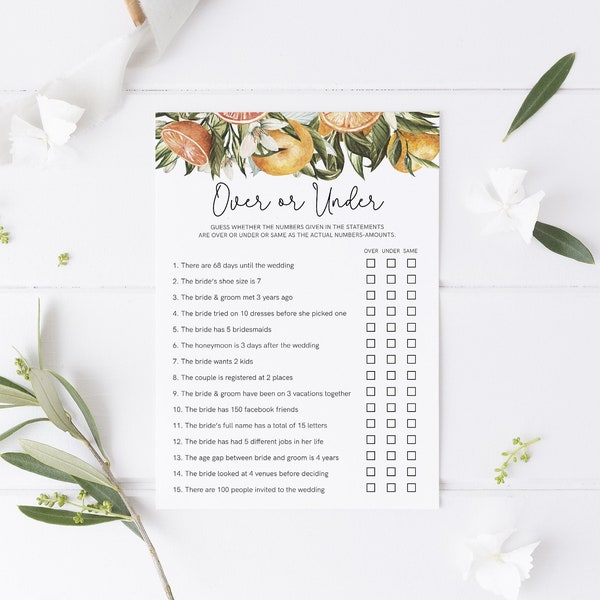 Over or Under Bridal Shower Game, Summer Citrus Bridal Shower Template, Guess Who Said It, Orange, Mandarin, Instant Download, Templett