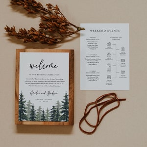 Plantilla de cronograma de boda de pino, cronograma de boda, cronograma de eventos, itinerario de boda, horario de fin de semana imprimible, bolsa de bienvenida, 005