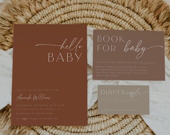 Minimalist Baby Shower Invitation Set Template, Terracotta Baby Shower, Gender Neutral Baby Shower Bundle, Books for Baby Diaper Raffle, 89