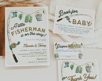 May include: A baby shower invitation with a green and blue fishing rod illustration. The text reads "A little fisherman is on the way!" and includes the names "Micaela & Tommy".