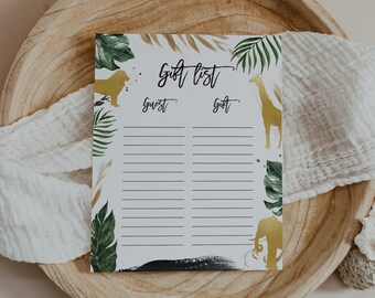 Safari Gift List Printable, Safari Baby Shower Gift List, gift tracker, Gift List Instant, Presents List, Safari, Jungle, Animals, Download