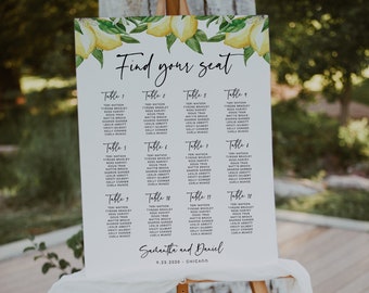 May include: A white wedding seating chart with a lemon and greenery design. The chart lists the names of guests assigned to each table. The text at the top reads "Find your seat". The bottom of the chart reads "Samantha and Daniel 9.23.2020 CHICAGO"