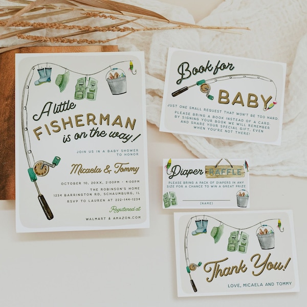 Fisherman Baby Shower Invitation Set Template, Diaper, Book, Thank You, Fishing Baby Shower, Fisherman is on the Way, Editable, 115