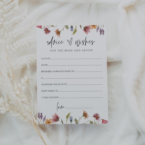 Wildflower Bridal Shower Advice Card Template, Editable floral Bridal Shower Advice, Wedding Advice, Bridal Advice, Instant Download, 55