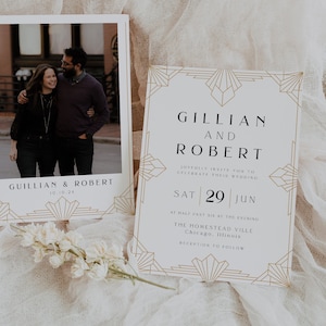 Art-Deco-Hochzeitseinladung, bedruckbare Retro-Hochzeitseinladung in Schwarz und Gold, Minimal, Gatsby-Hochzeit, bearbeitbare Vorlage, Sofort-Download, 78