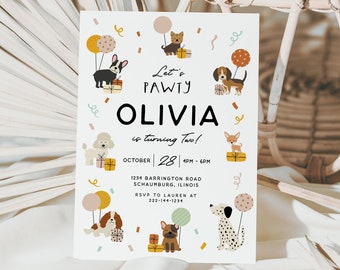 May include: A white invitation with a colorful illustration of dogs and balloons. The text reads "Let's Pawty Olivia is turning Two!" with the date and time of the party, the address, and RSVP information.