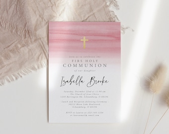 Pink Watercolor First Communion Invitation Template, First Holy Communion Invitation Girl, 100% Editable, Instant Download, Blush, 36