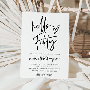 Hello Fifty Geburtstagseinladung Vorlage, Geburtstag für Erwachsene, Frauen, Boho Thema, Moderner Geburtstag, 30., 50., Dreißig, Download, minimalistisch, 41