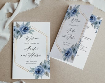 Dusty Blue Wedding Program Template, Foldable, Blue Floral Wedding Program, Silver Dusty Blue , Folded Program Wedding, Instant, 06