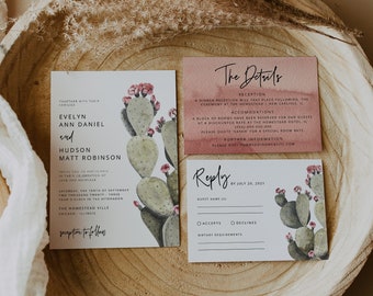 Cactus Wedding Invitation Template, Desert Wedding Invitation Printable Set, Boho Wedding Invitation, Editable, Download, 45