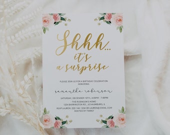 Shhh Surprise Party, Any Age INSTANT DOWNLOAD, Surprise Birthday, Adult, Women's, Templett, Watercolor, Foil, Floral, gold, Glitter