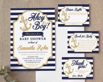 Nautical Baby Shower Invitation Set, Ahoy Boy, Editable Template (Instant Download)