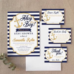Nautische Babypartyeinladung, Windelbuch - Danke, Ahoi, es ist ein Junge, marineblaue Babyparty, sofortiger Download, Vorlage, bearbeitbar, 46