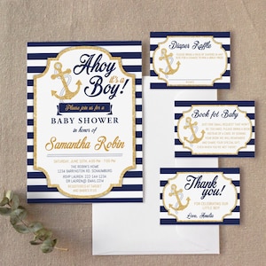 Nautical Baby Shower Invitation, Diaper - Book - Thank You, Ahoy it's a boy, Navy Blue Baby Shower, Instant Download, Template, Editable, 46