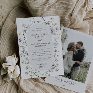 Wildflowers Wedding Invitation Template, Wild Flowers Wreath Wedding Invitation Set, Woodland Rustic Floral, Instant, Boho Wedding, 74