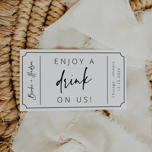 Plantilla moderna de boletos para bebidas de boda, cupón minimalista para bebidas de boda, boletos para bebidas para boda, boletos para bebidas imprimibles al instante, 003