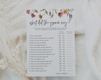What Did the Groom Say Bridal Game, Wildflower Bridal Shower Template, Floral Bridal, Guess Who Said It, Instant Download, Editable, 55