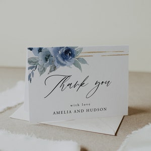 Dusty Blue Thank You Folded Card Template, Floral Wedding, Bridal Shower Note, Dusty Blue Wedding, Instant Download, Editable, Template, 06