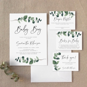 Greenery Baby Shower Invitation Set Eucalyptus Baby Shower Neutral Baby oh baby Invite Instant Download Template Baby Shower Bundle, 035
