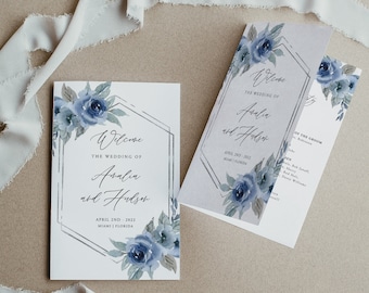 Dusty Blue Wedding Program Template, Foldable, Blue Floral Wedding Program, Silver Dusty Blue , Folded Program Wedding, Instant, 06