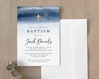 Blue Watercolor Baptism Invitation Template, Baptism Invitation Boy, Christening, First Holly, 100% Editable, Instant Download, Minimalist