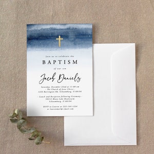 Blue Watercolor Baptism Invitation Template, Baptism Invitation Boy, Christening, First Holly, 100% Editable, Instant Download, Minimalist