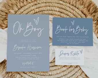Oh Boy Baby Shower Invitation Set Template, Boy Baby Shower Blue, DIY Baby Shower Invitation, Minimalist Baby Shower, Editable, 41F