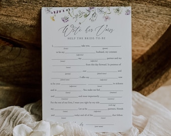 Wedding Vows Mad Lib, Write Her Vows, Funny Bridal Shower Game, Wildflower Bridal, Printable, Editable Template, Instant, Floral, 74