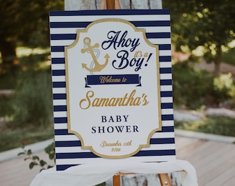 Welcome Sign Nautical Baby Shower, Ahoy it's a boy, blue and gold, Navy Blue Stripes, Gold glitter, Boy Baby Shower, Editable, Template, 46