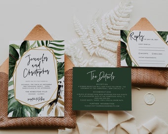 Tropical Wedding Invitation Template, Modern Palm Wedding Invitation Printable Set, Beach Wedding Invitation, Editable, Download, 19