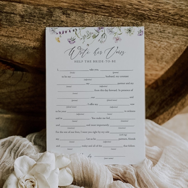 Wedding Vows Mad Lib, Write Her Vows, Funny Bridal Shower Game, Wildflower Bridal, Printable, Editable Template, Instant, Floral, 74