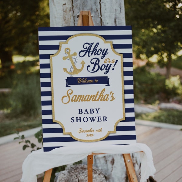 Welcome Sign Nautical Baby Shower, Ahoy it's a boy, blue and gold, Navy Blue Stripes, Gold glitter, Boy Baby Shower, Editable, Template, 46