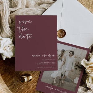 Burgundy Photo Save the Date Template, Engagement Photo Save the Dates, Boho Save the Date with Pictures, DOWNLOAD, Editable, Navy, 43 image 1