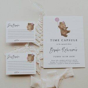Tijdcapsule dragen met bijpassende afdrukbare berichtkaarten, bewerkbaar bord, timecapsule meisje eerste verjaardag, ballonverjaardag, 58