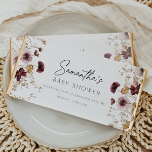 Wildflower Chocolate Bar Wrapper Template, Chocolate Wrappers, Candy Bar Label, Printable, Editable, Floral Burgundy Baby shower, 90