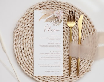 Sjabloon pampasmenu, pampasgras, boho, boho, afdrukbare bruiloftsdinermenukaart, 100% bewerkbare tekst, INSTANT DOWNLOAD, Templett