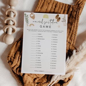 Animal Pregnancy Game, Animal Gestation Game, Boho Baby Shower, Clothes Baby, Baby Animals Game, Gender Neutral, Instant Download, 95