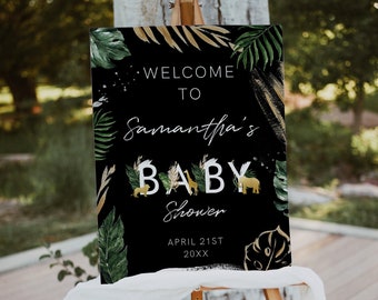 Könnte beinhalten: Ein schwarzes Willkommens-Schild mit goldenen Akzenten und grünen Blättern. Das Schild lautet "Willkommen zu Samantha's Baby Shower, 21. April 20XX".