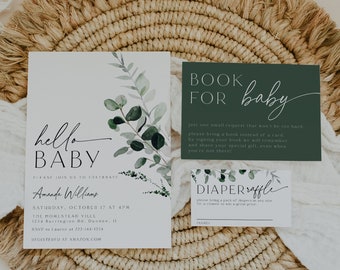 Greenery Baby Shower Invitation Set Template, Diaper Sign, Book, Neutral Baby, Modern Minimalist Greenery Baby Shower, Editable, Instant, 80