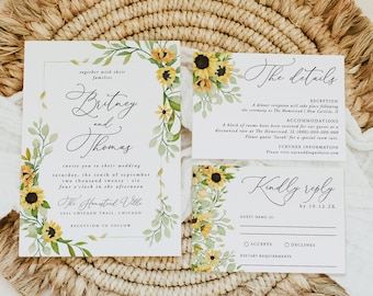 Sunflower Wedding Invitation Template Set, Sunflower Wedding Invitation, Rustic Wedding Invitation Suite, Printable, Editable, 93